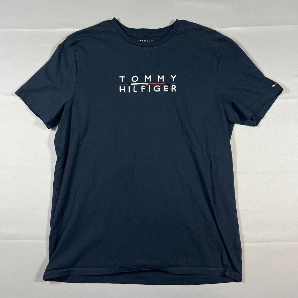 Tommy Hilfiger T Shirt Mens Large Navy Cotton Logo Embroidered Ribbed Crew Neck